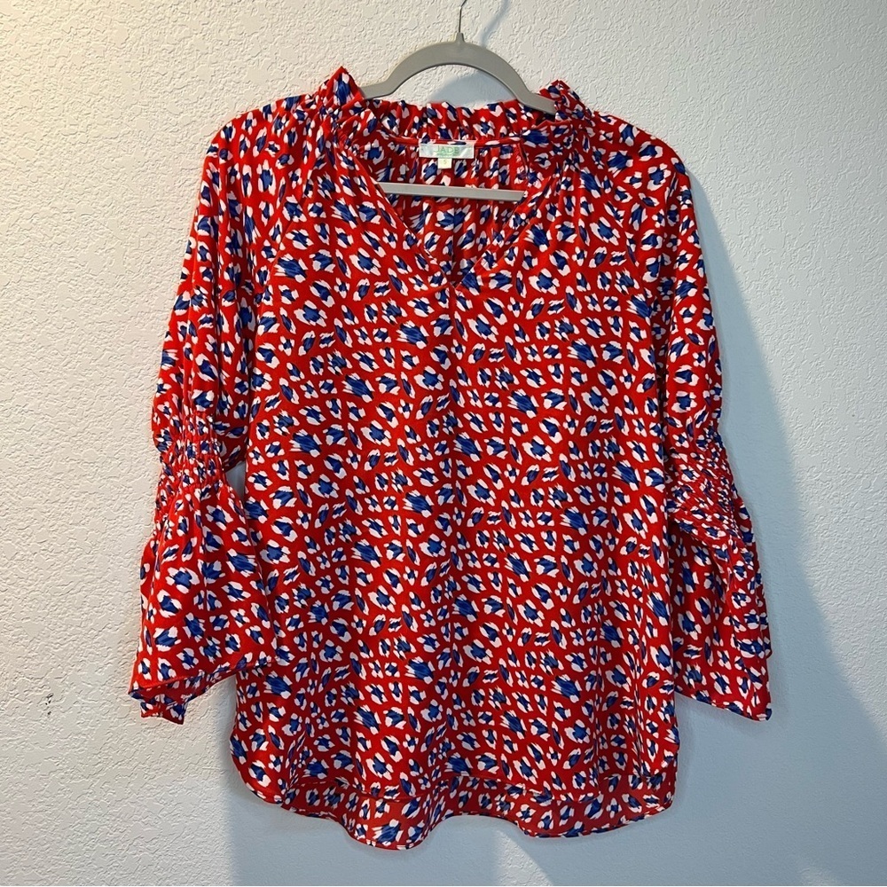 Women’s Jade red and blue patterned long sleeve lightweight blouse size Small S